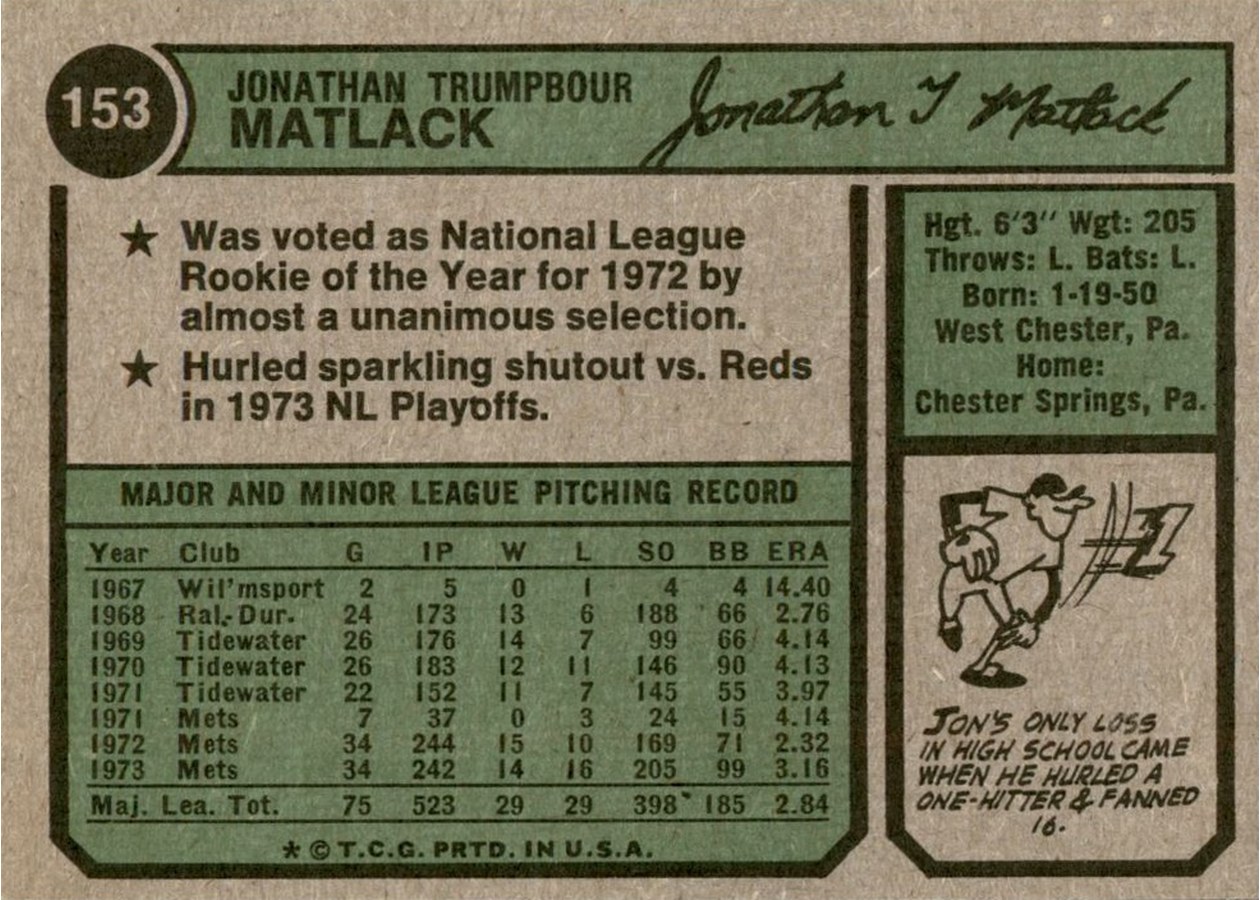 1974 Topps #153 Jon Matlack card back