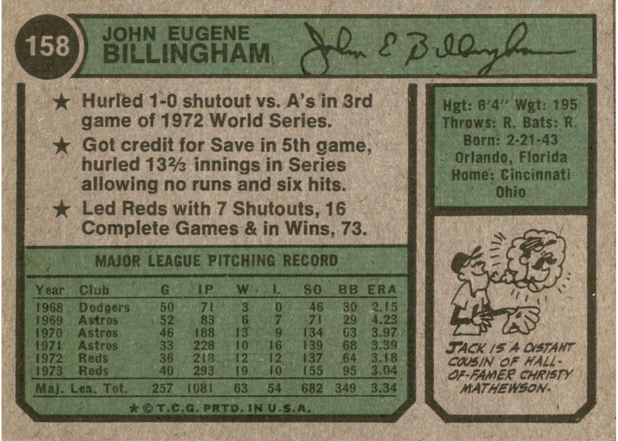 1974 Topps #158 Jack Billingham card back