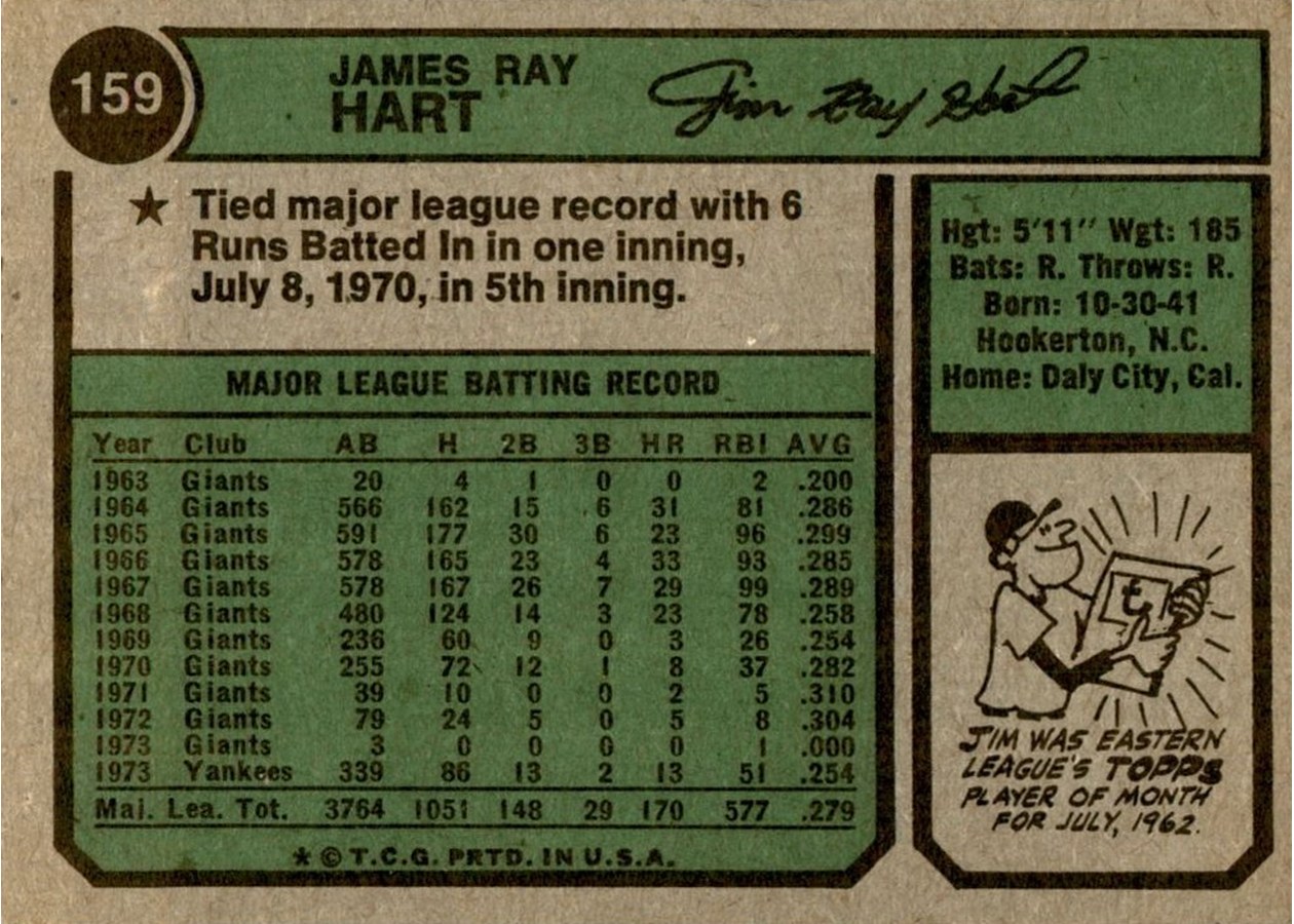 1974 Topps #159 Jim Ray Hart card back