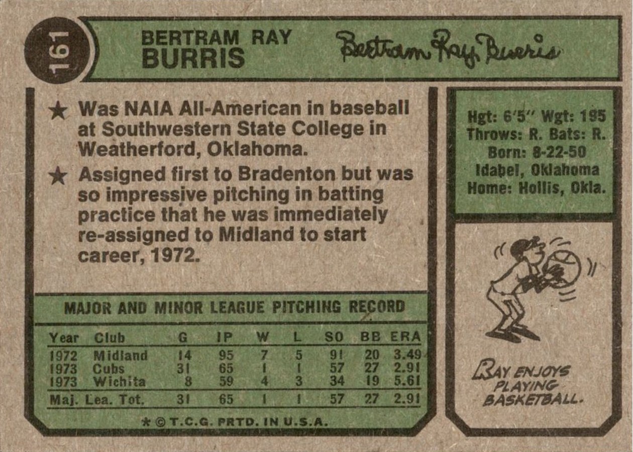 1974 Topps #161 Ray Burris card back