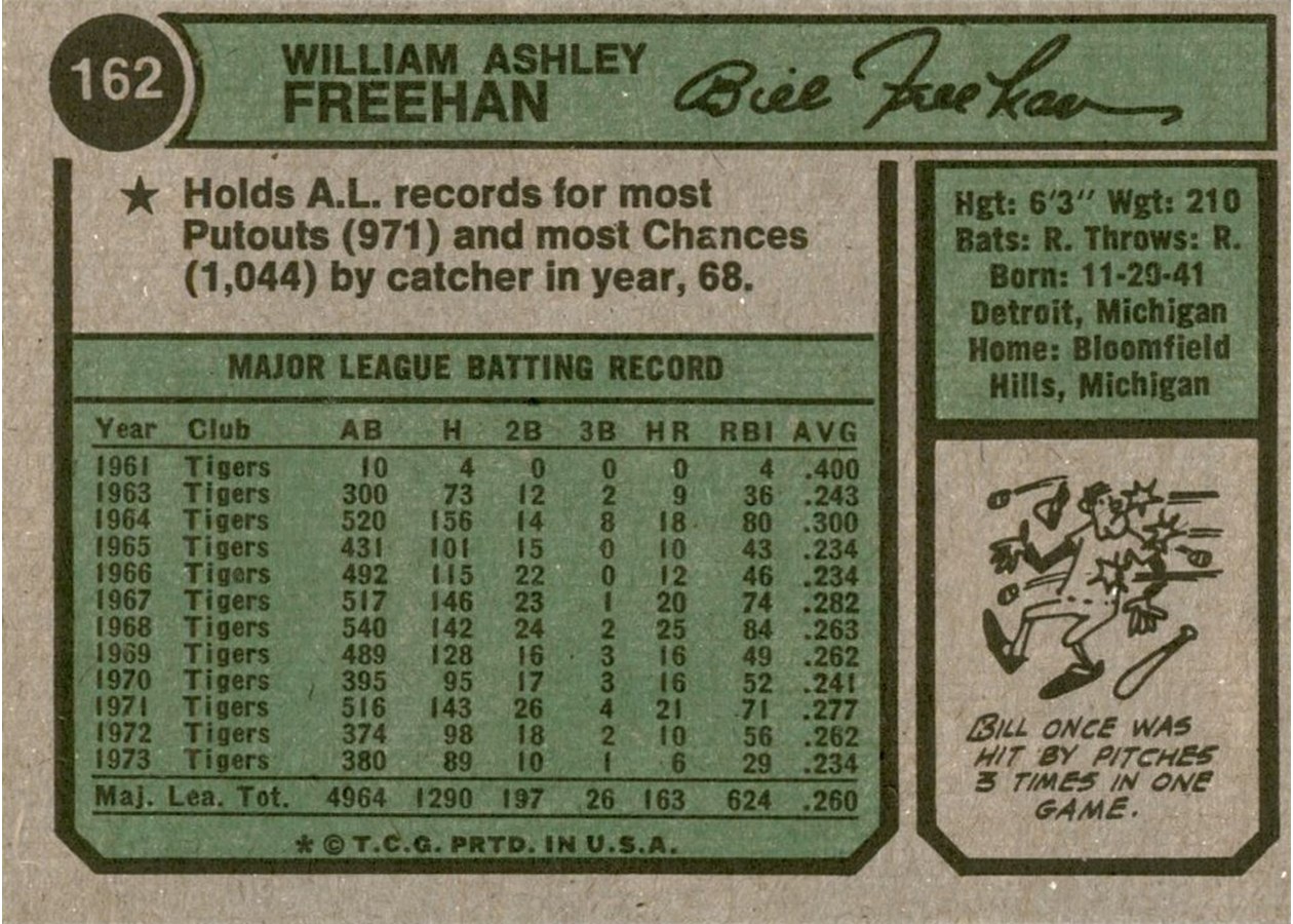 1974 Topps #162 Bill Freehan card back