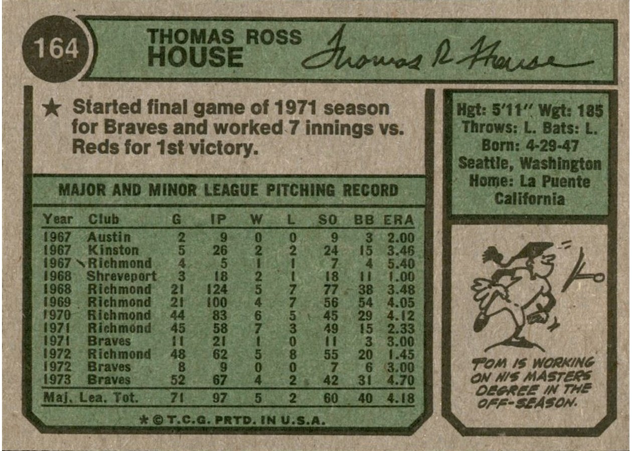 1974 Topps #164 Tom House card back