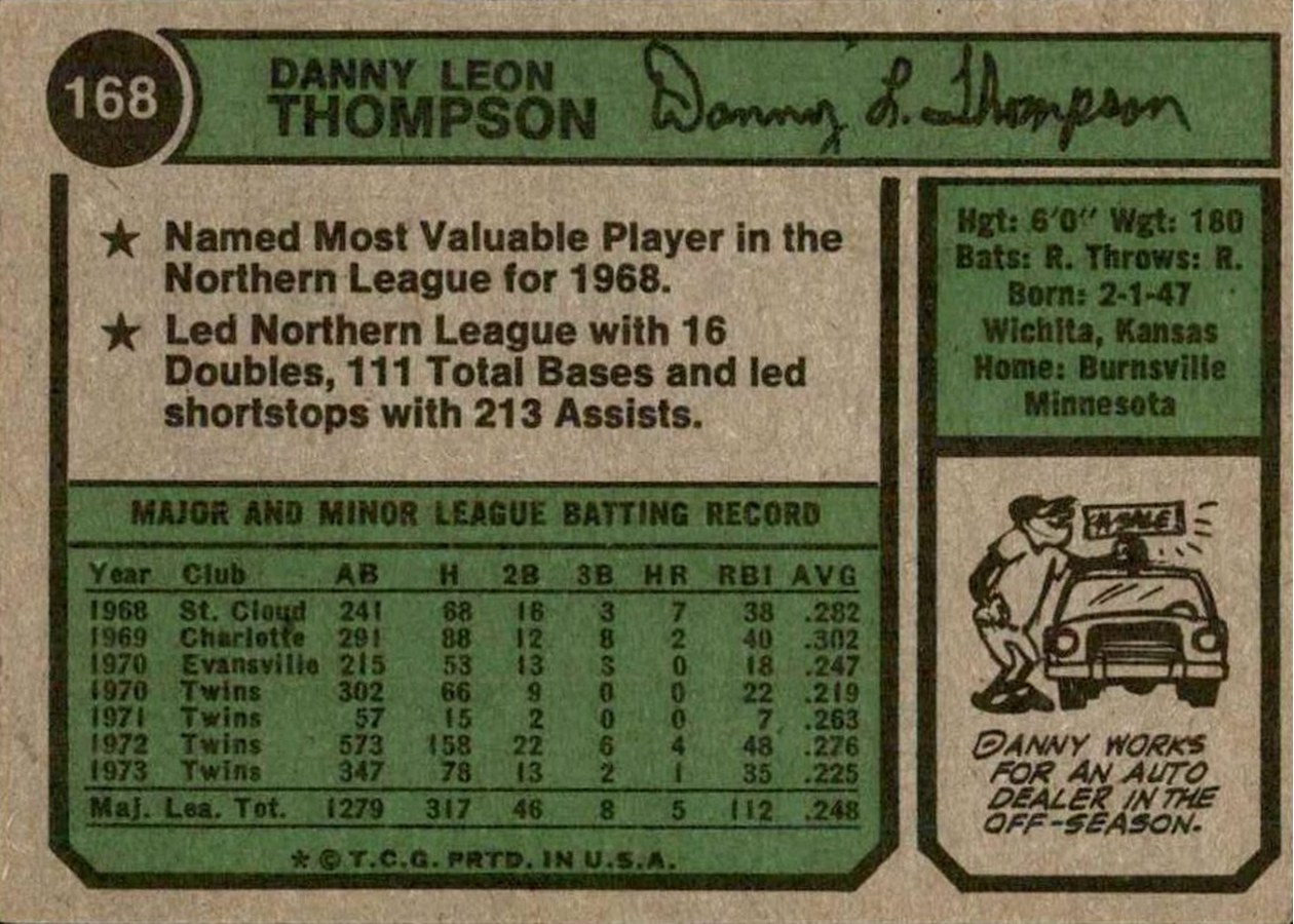 1974 Topps #168 Danny Thompson card back