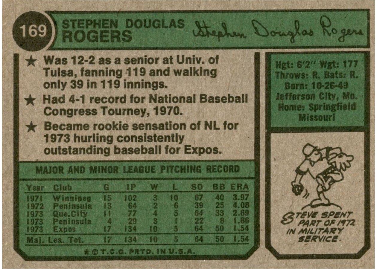 1974 Topps #169 Steve Rogers card back