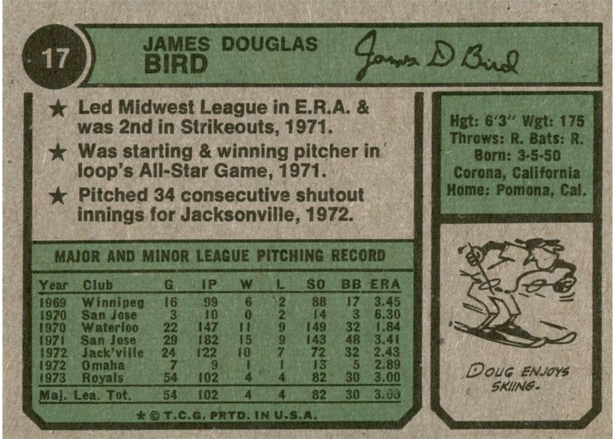 1974 Topps #17 Doug Bird card back