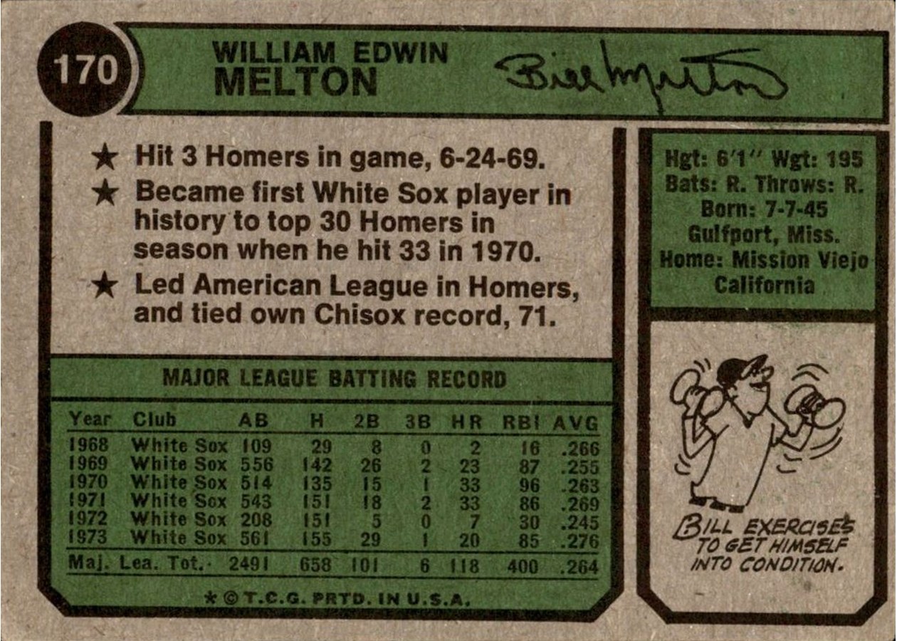 1974 Topps #170 Bill Melton card back