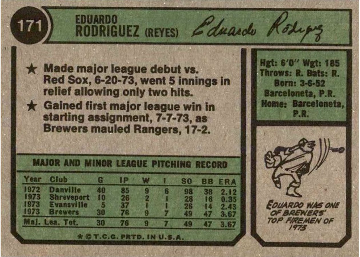 1974 Topps #171 Eduardo Rodriguez card back