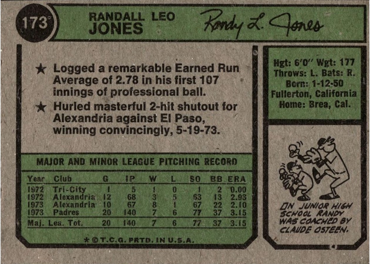 1974 Topps #173 Randy Jones card back