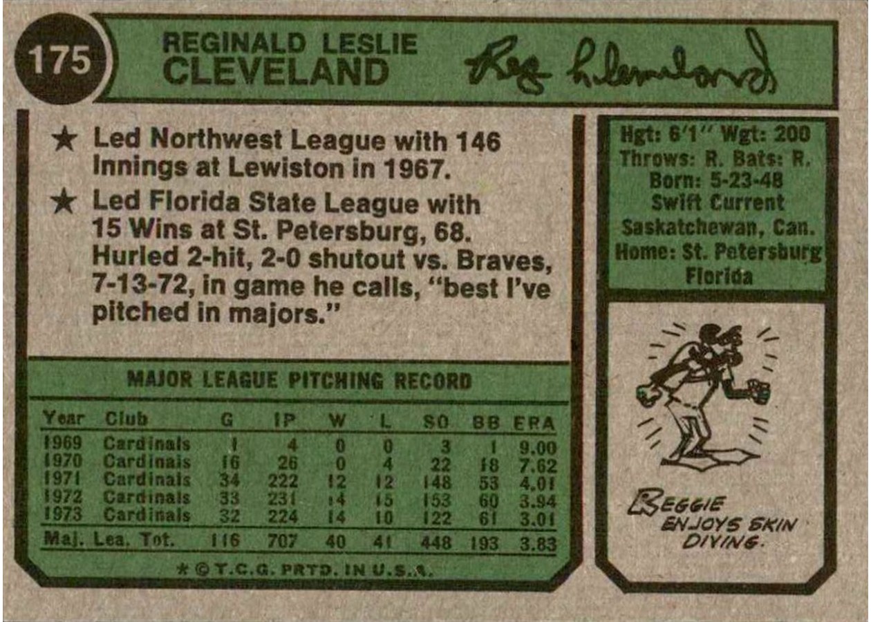1974 Topps #175 Reggie Cleveland card back