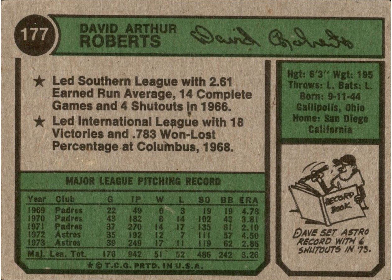 1974 Topps #177 Dave Roberts card back
