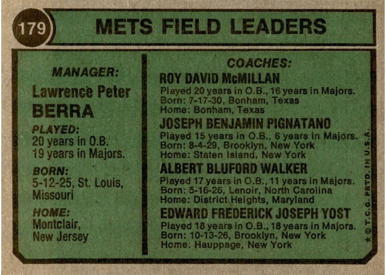 1974 Topps #179 Mets Field Leaders card back
