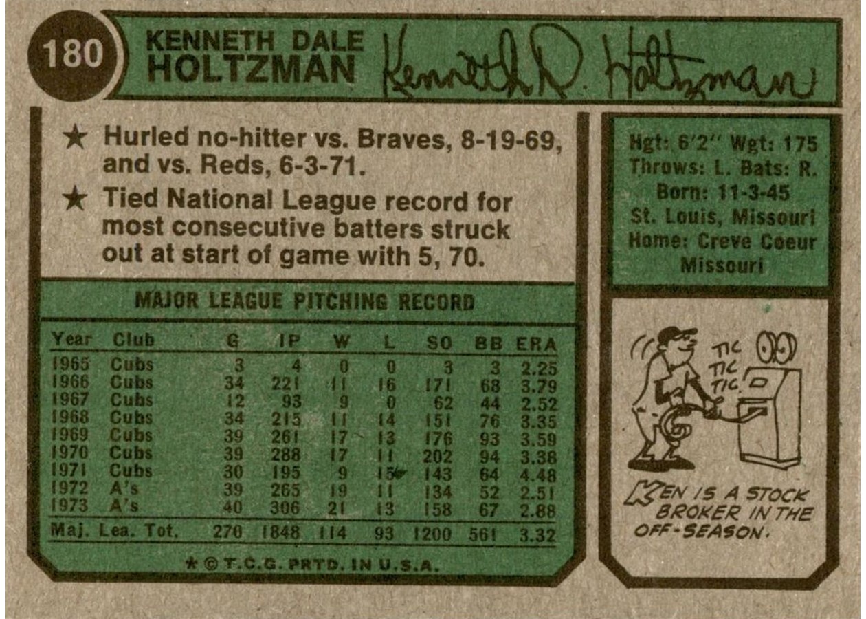 1974 Topps #180 Ken Holtzman card back