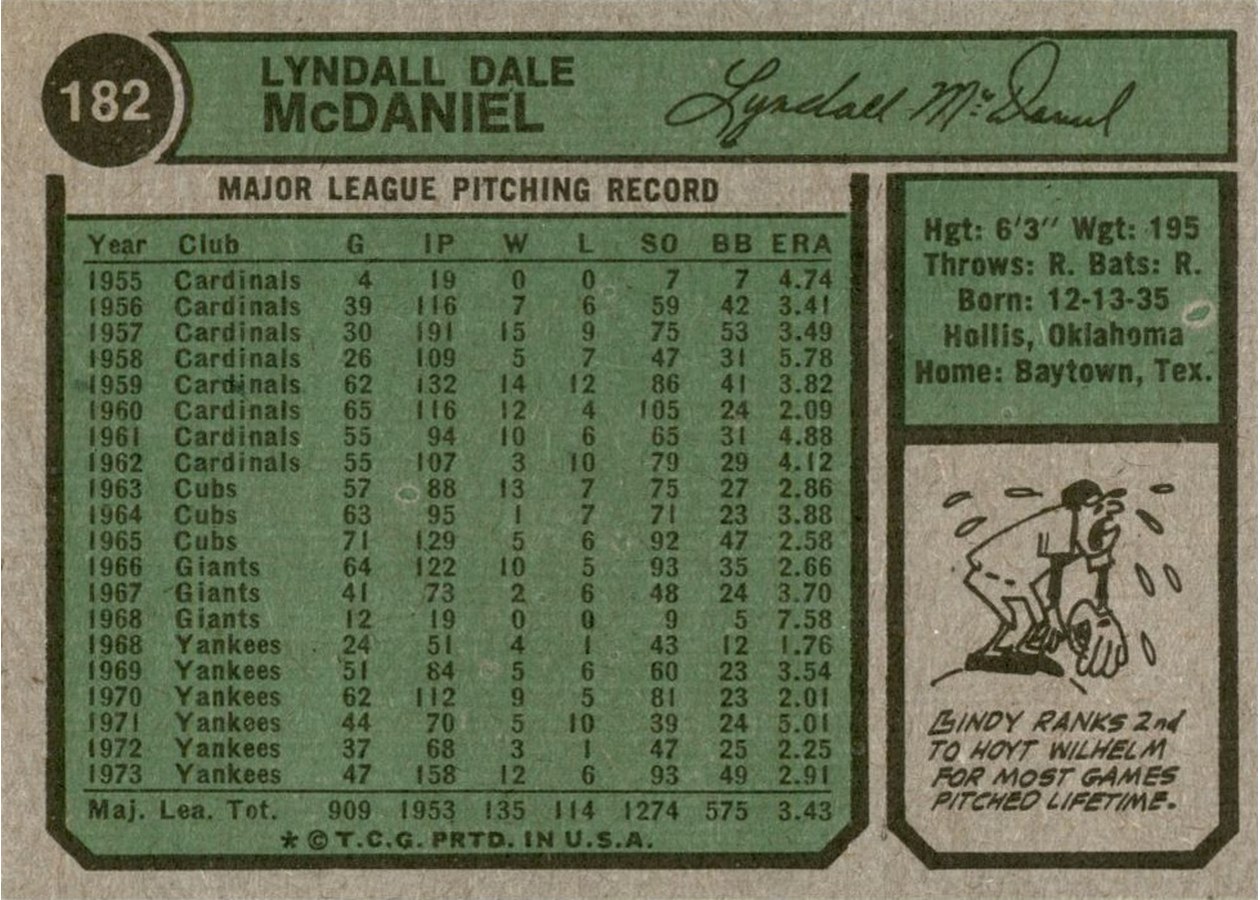 1974 Topps #182 Lindy McDaniel card back