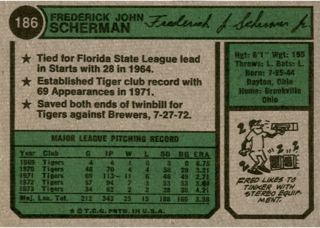 1974 Topps #186 Fred Scherman card back