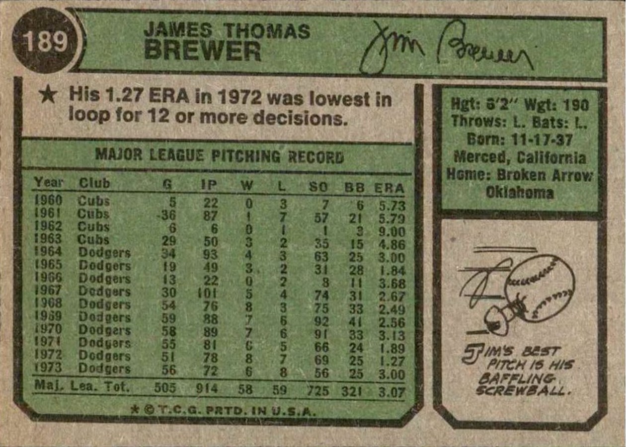 1974 Topps #189 Jim Brewer card back