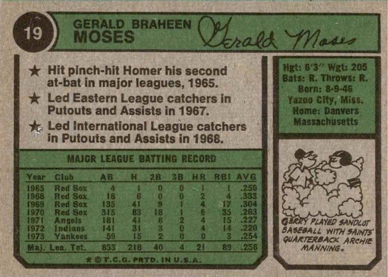 1974 Topps #19 Gerry Moses card back