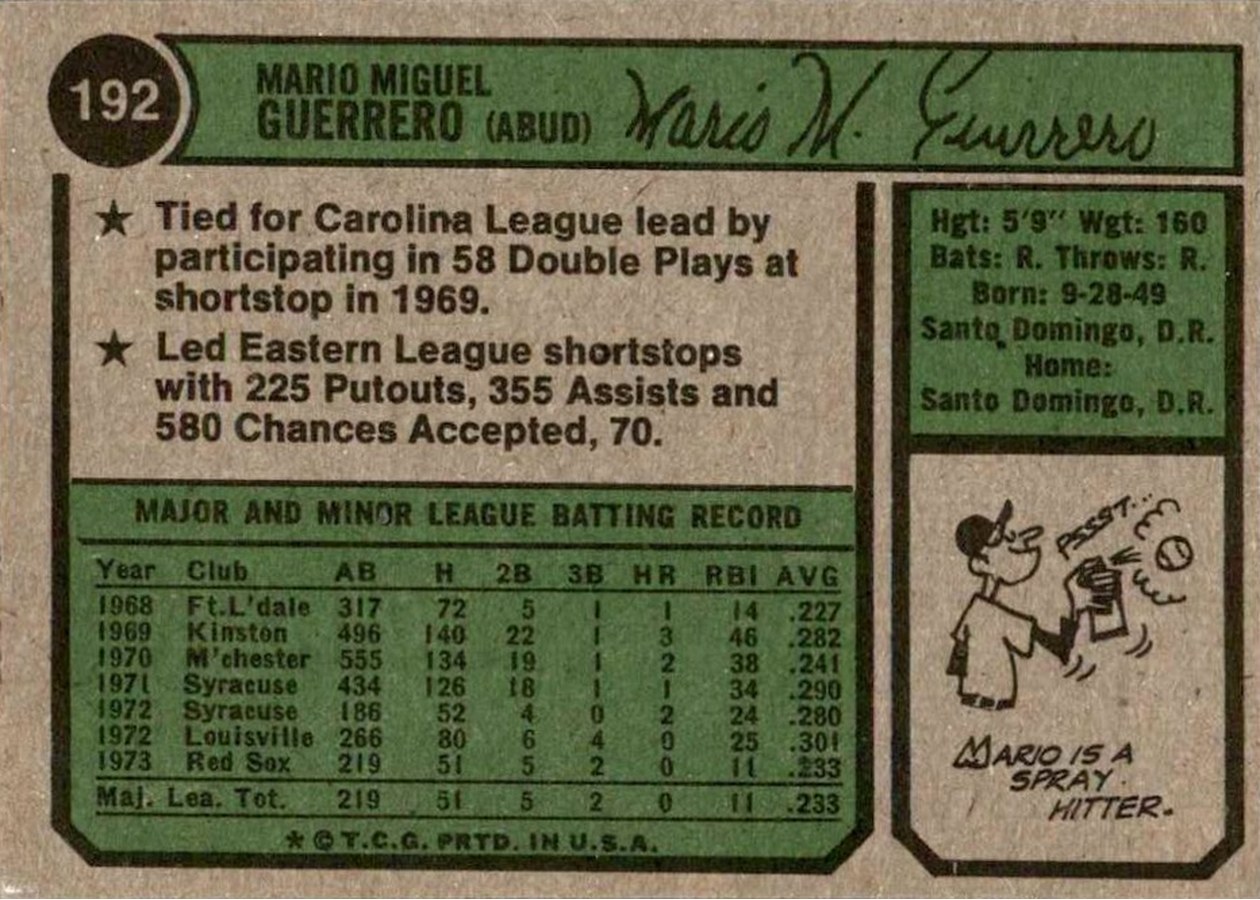 1974 Topps #192 Mario Guerrero card back