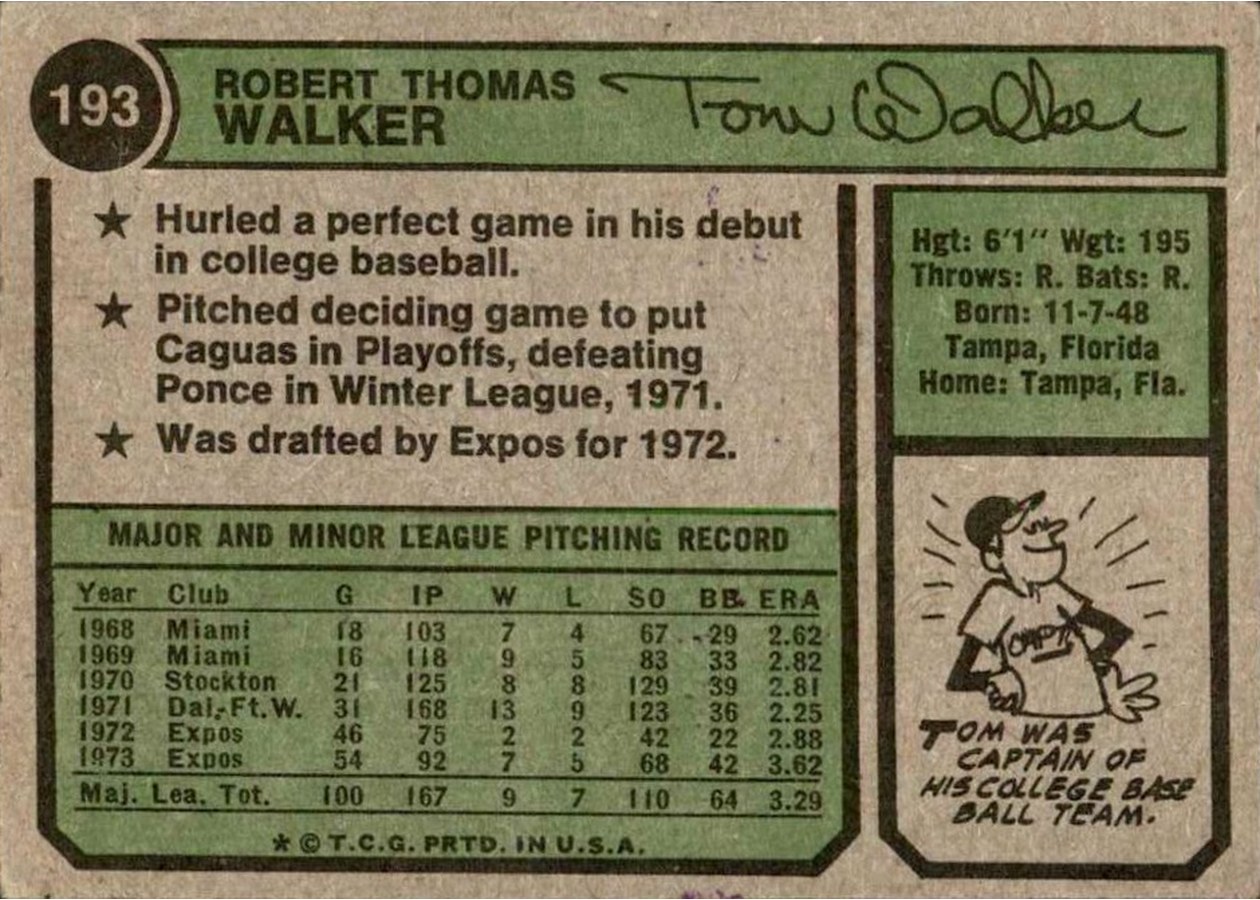 1974 Topps #193 Tom Walker card back