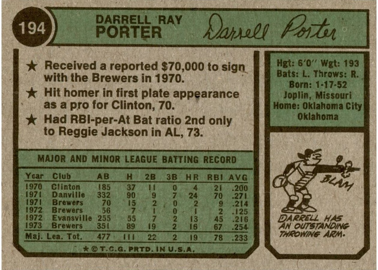 1974 Topps #194 Darrell Porter card back