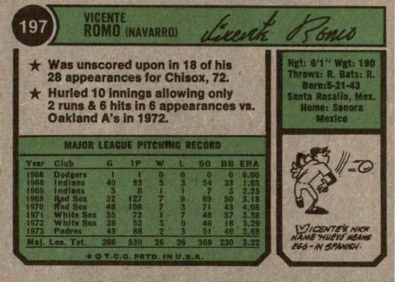 1974 Topps #197 Vicente Romo card back