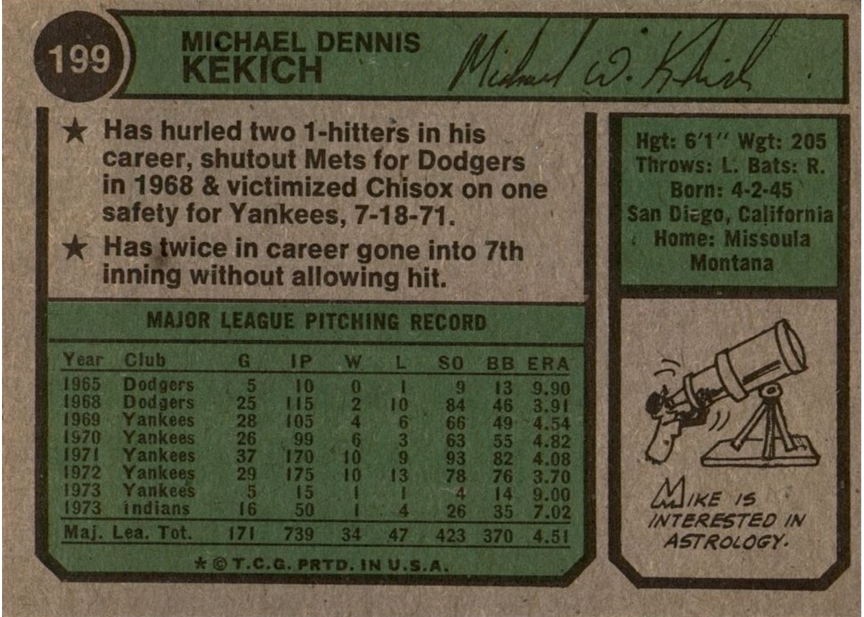 1974 Topps #199 Mike Kekich card back