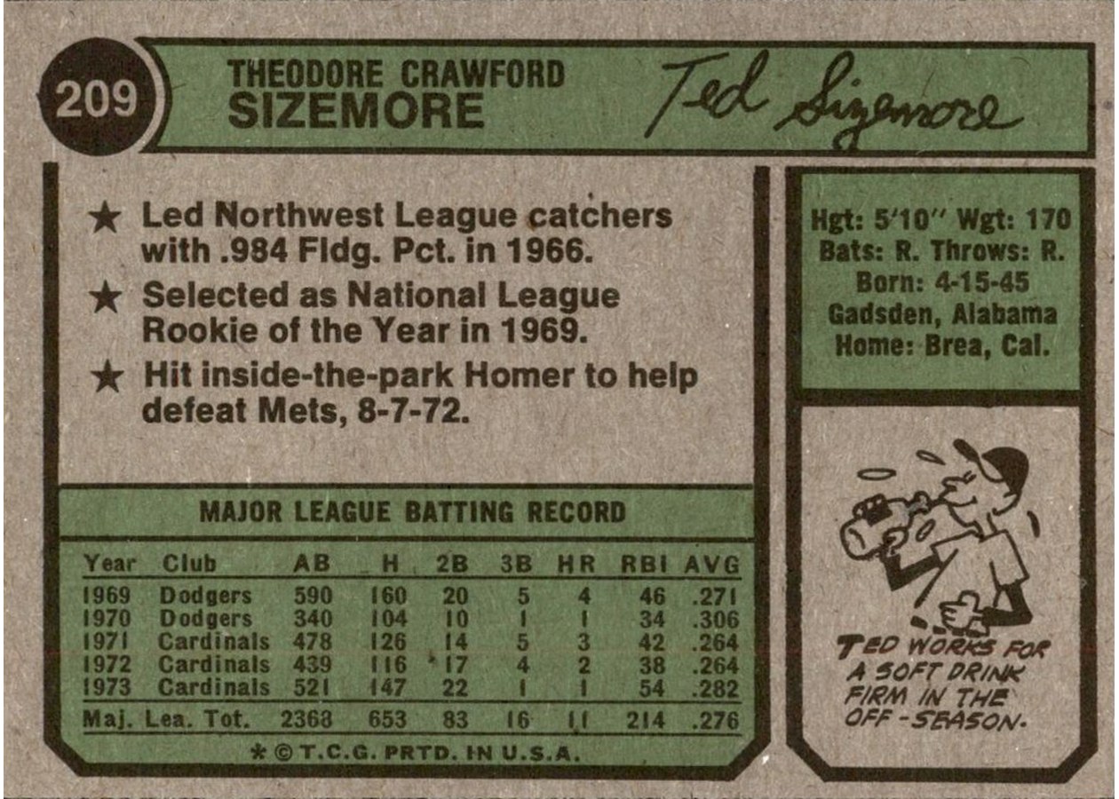 1974 Topps #209 Ted Sizemore card back