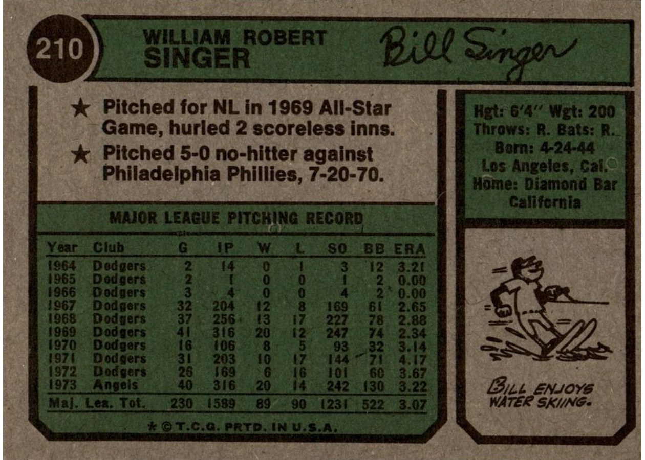 1974 Topps #210 Bill Singer card back