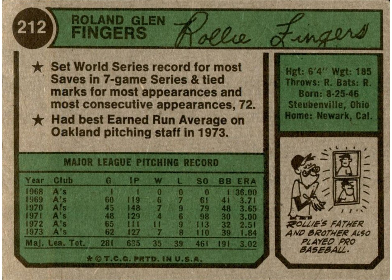 1974 Topps #212 Rollie Fingers card back