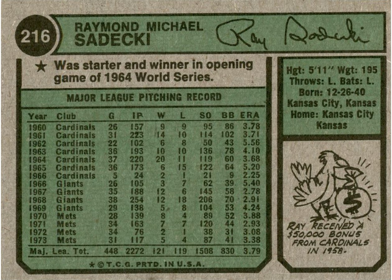 1974 Topps #216 Ray Sadecki card back