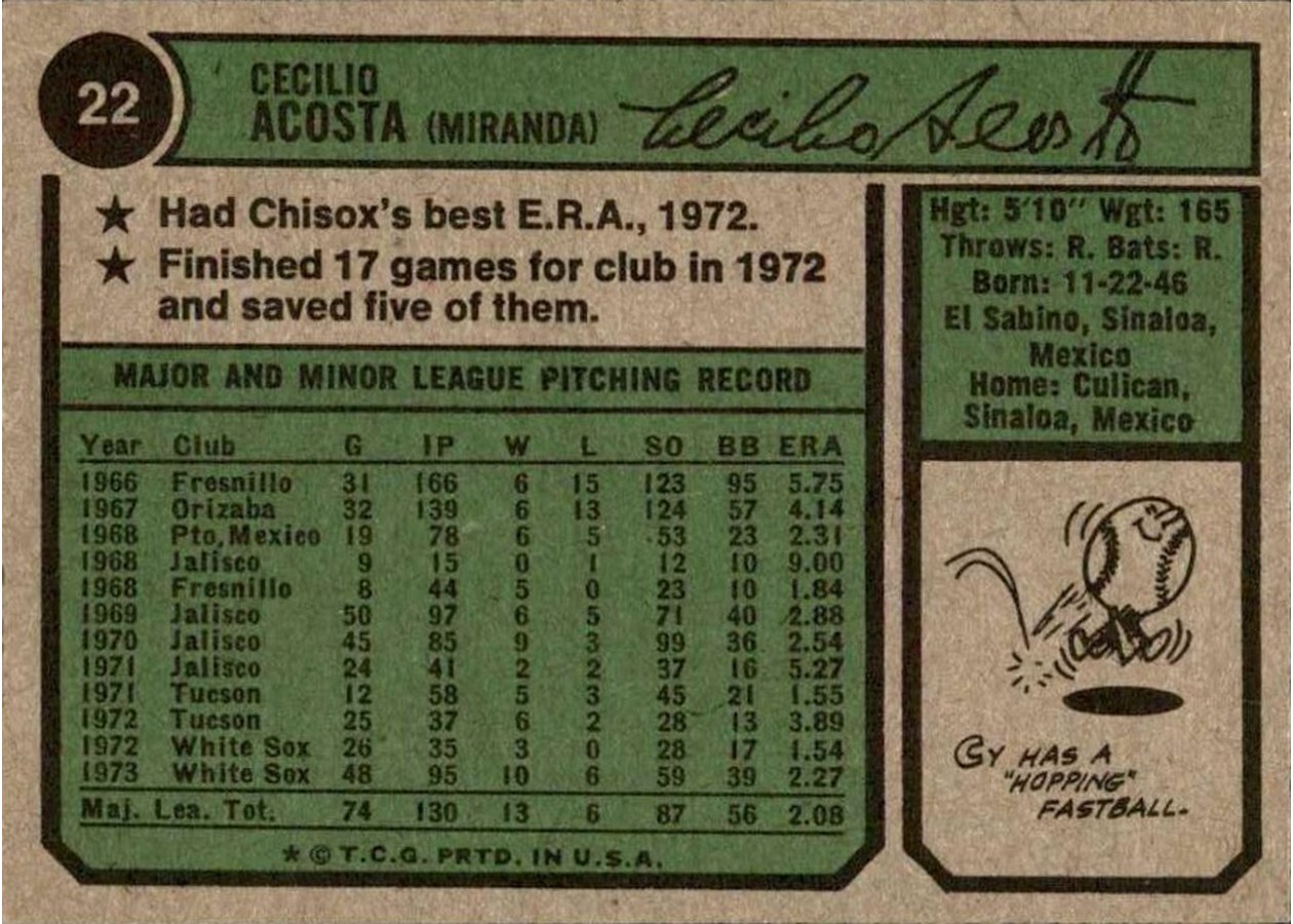 1974 Topps #22 Cy Acosta card back