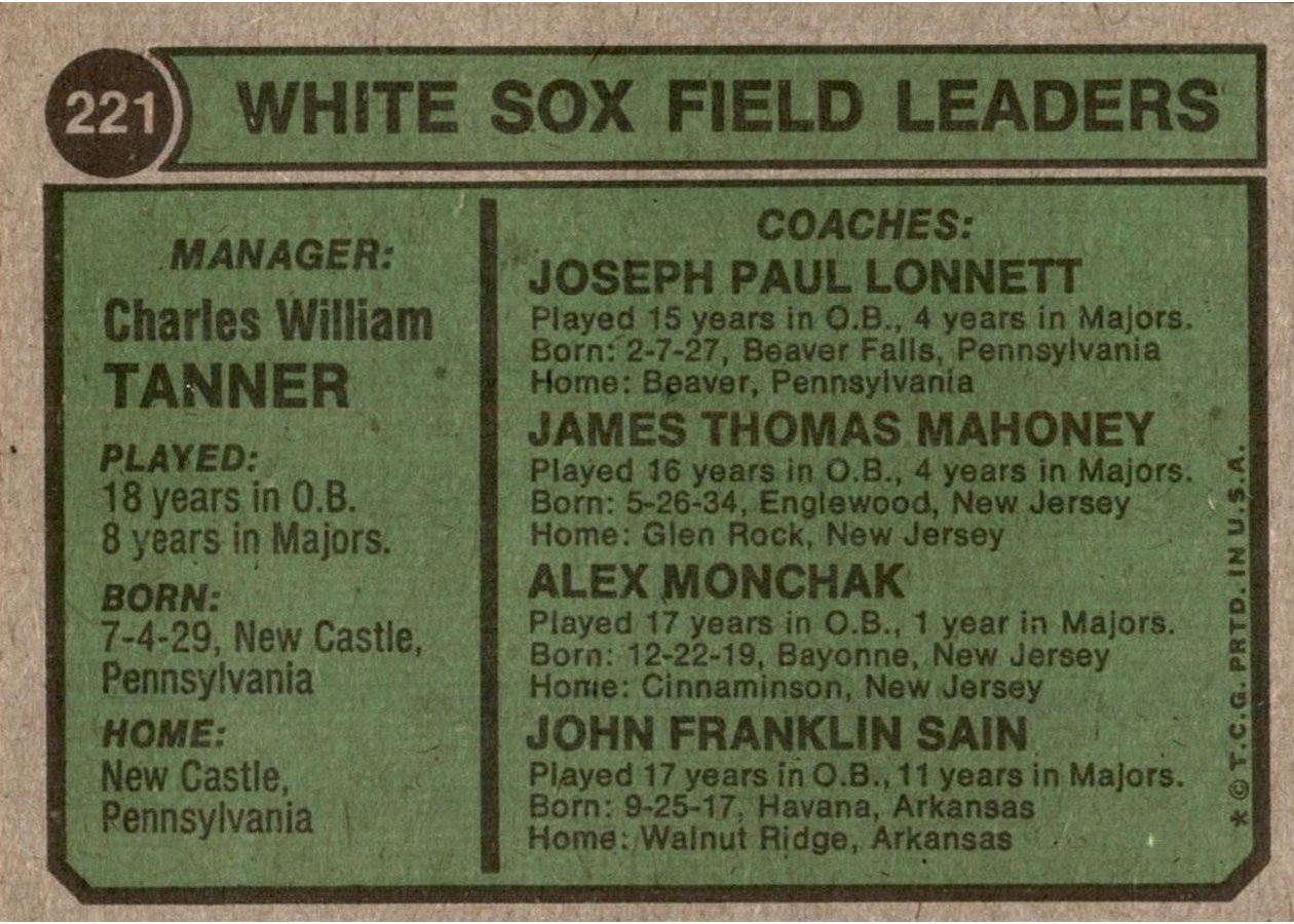 1974 Topps #221 White Sox Field Leaders card back