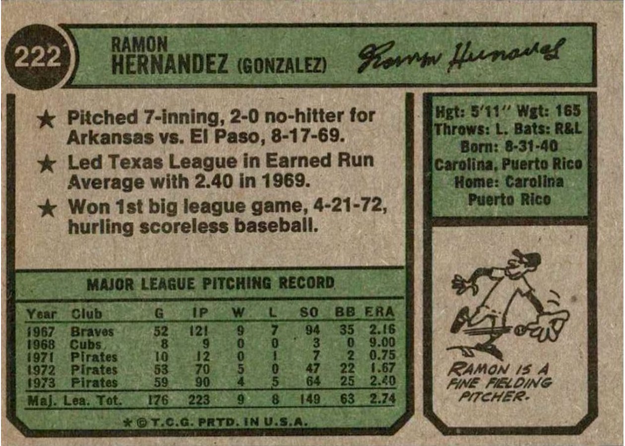 1974 Topps #222 Ramon Hernandez card back