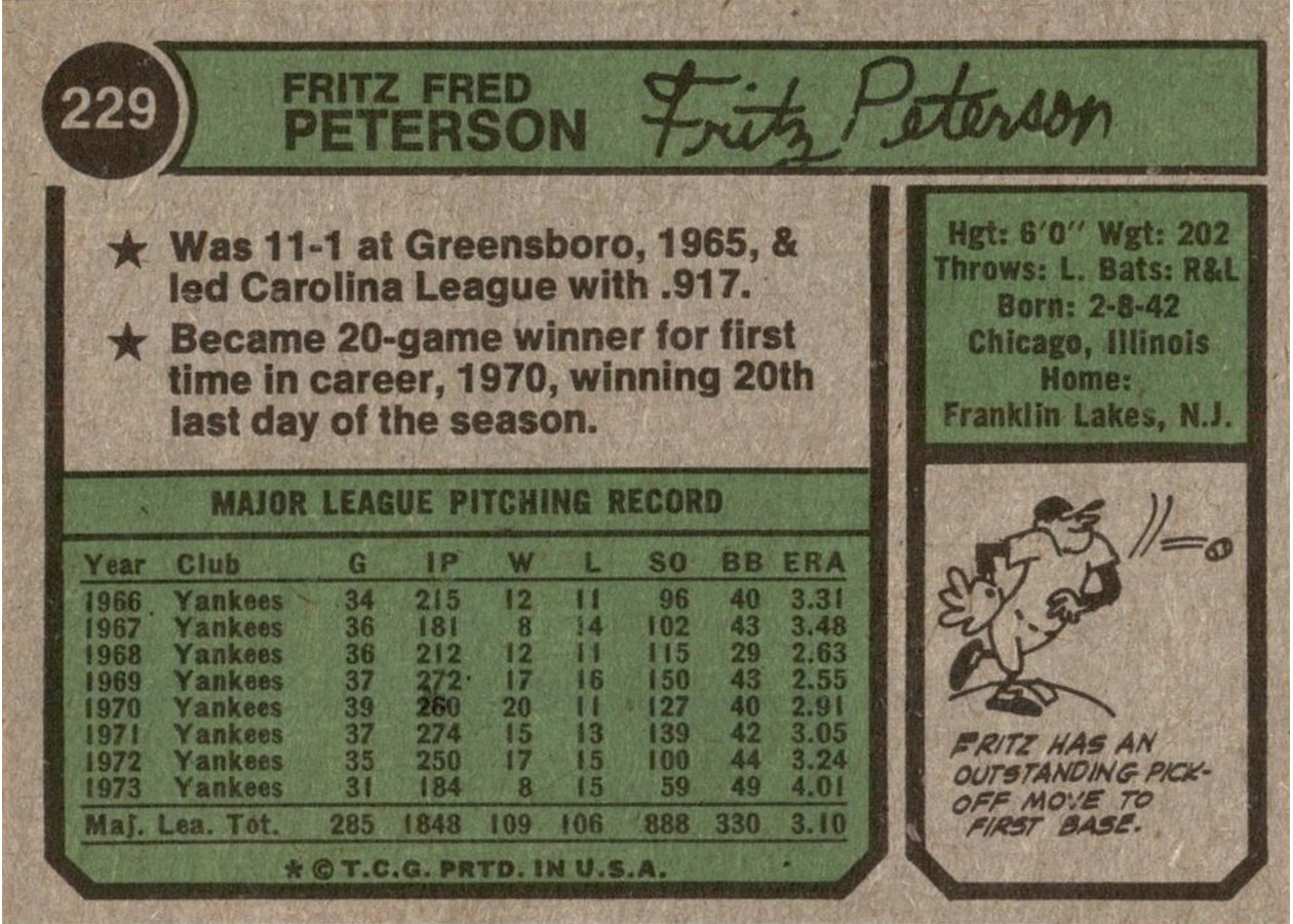 1974 Topps #229 Fritz Peterson card back