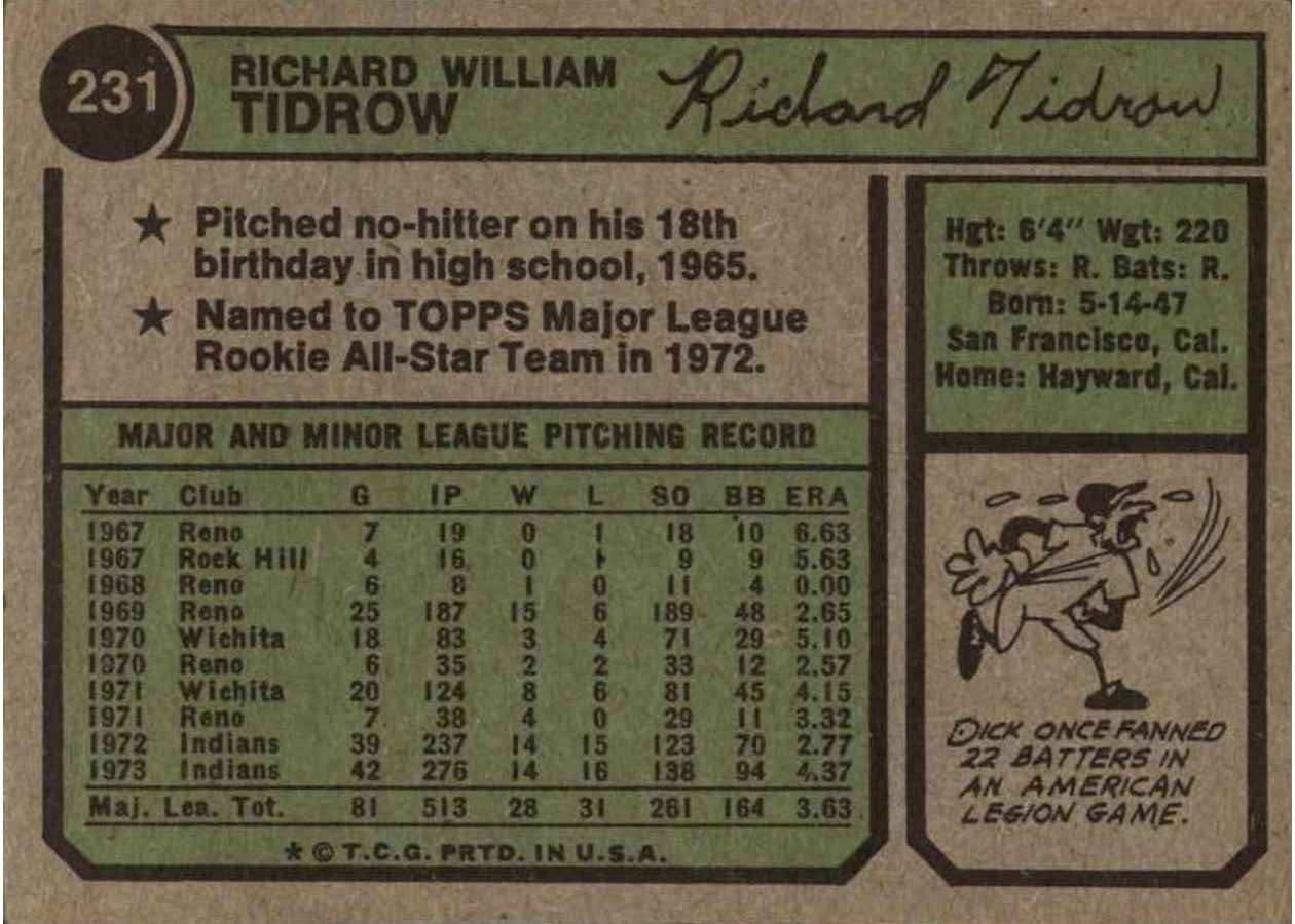1974 Topps #231 Dick Tidrow card back