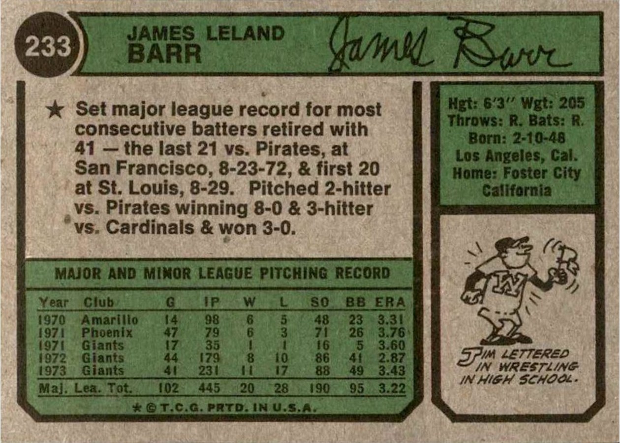 1974 Topps #233 Jim Barr card back