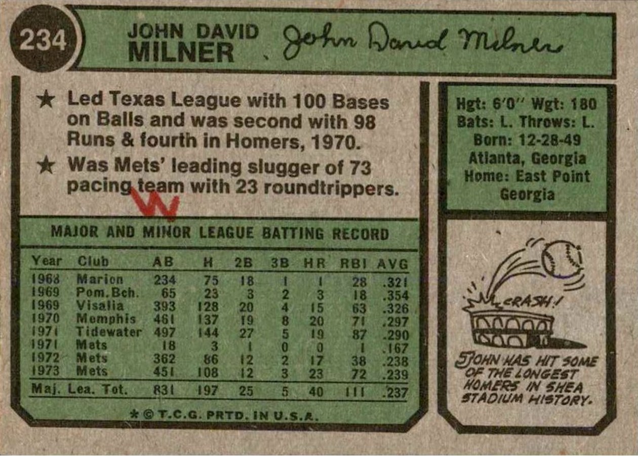 1974 Topps #234 John Milner card back