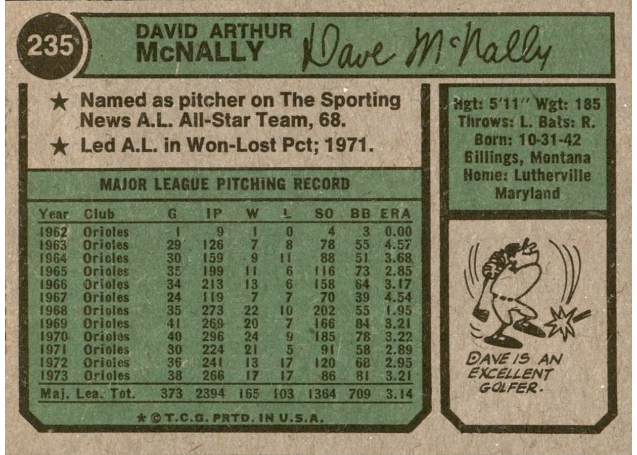 1974 Topps #235 Dave McNally card back