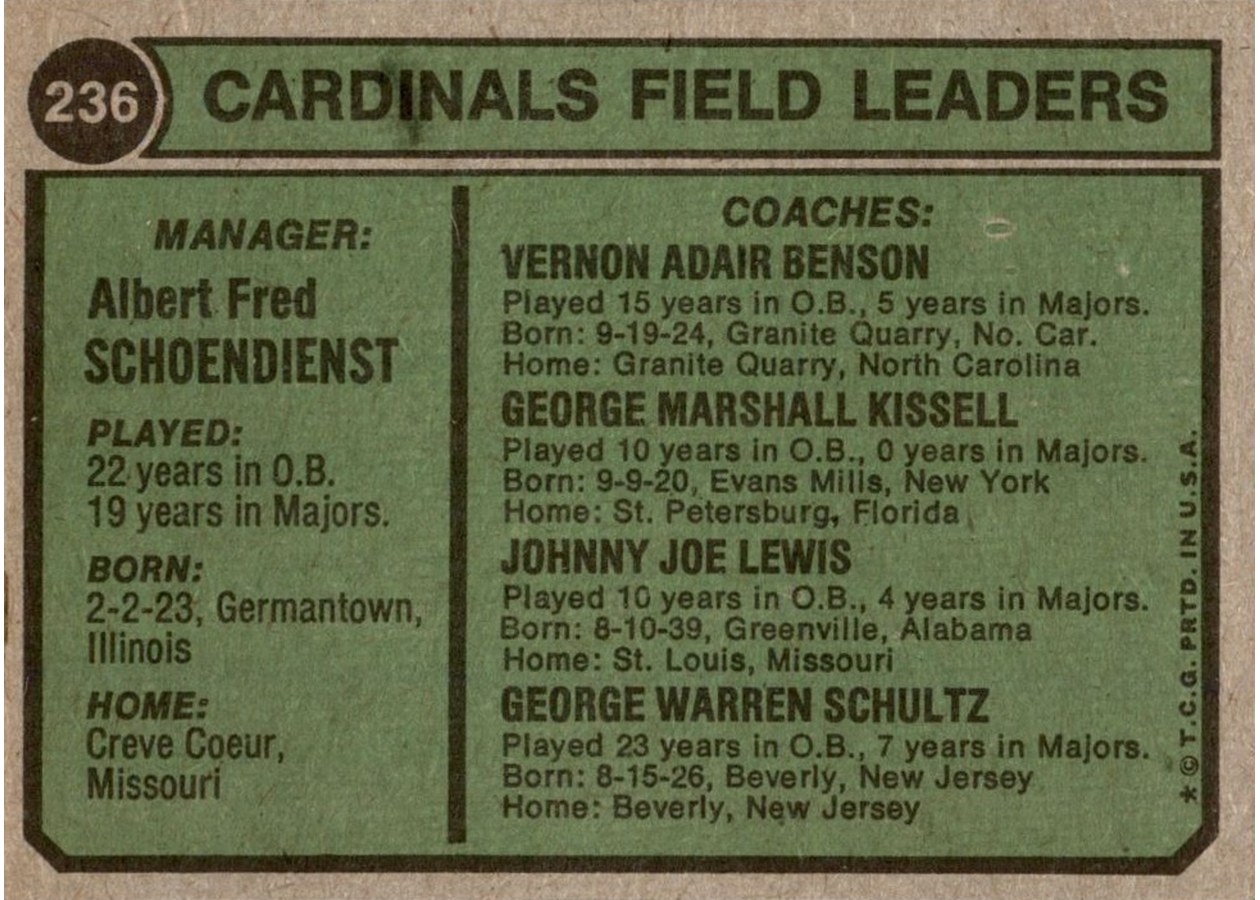 1974 Topps #236 Cardinals Field Leaders card back