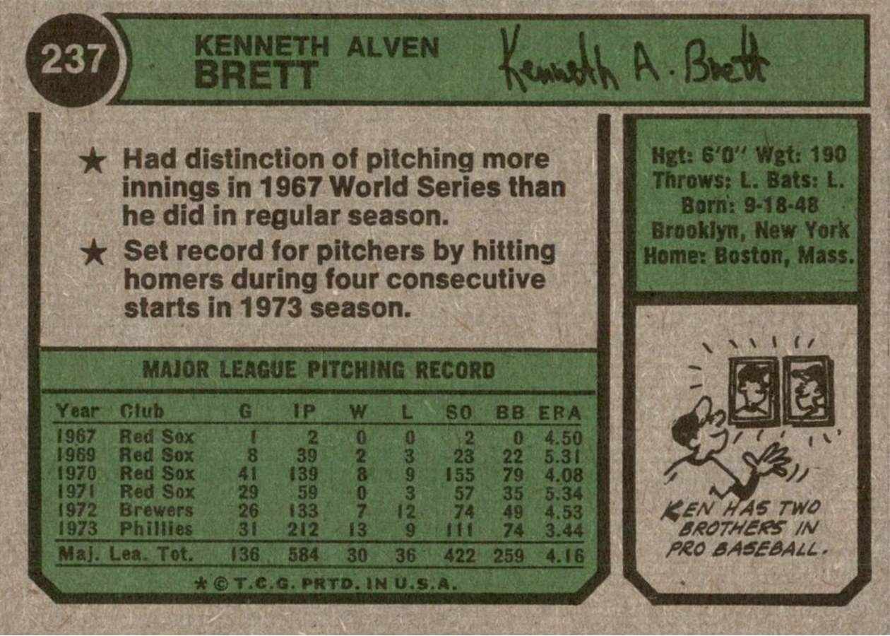 1974 Topps #237 Ken Brett card back
