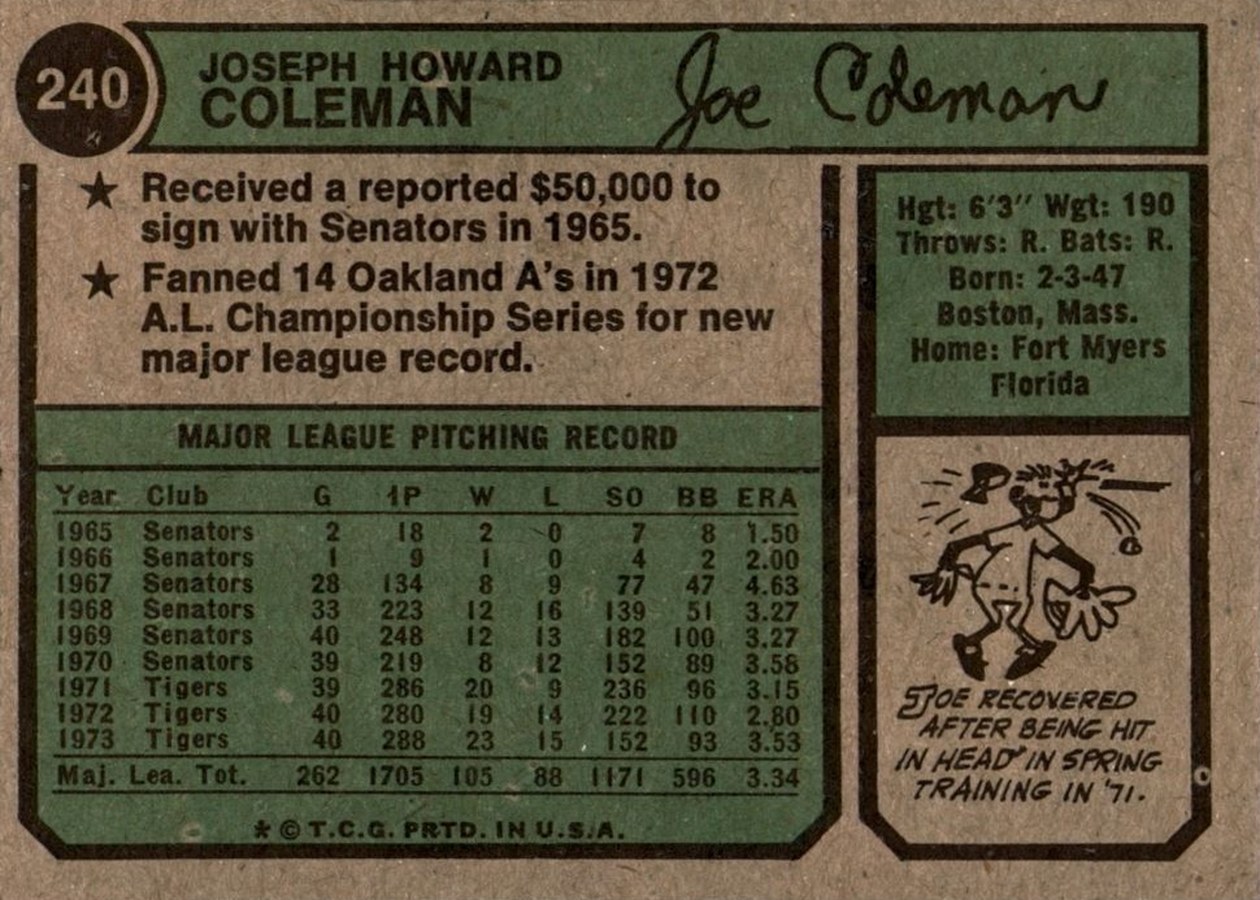 1974 Topps #240 Joe Coleman card back