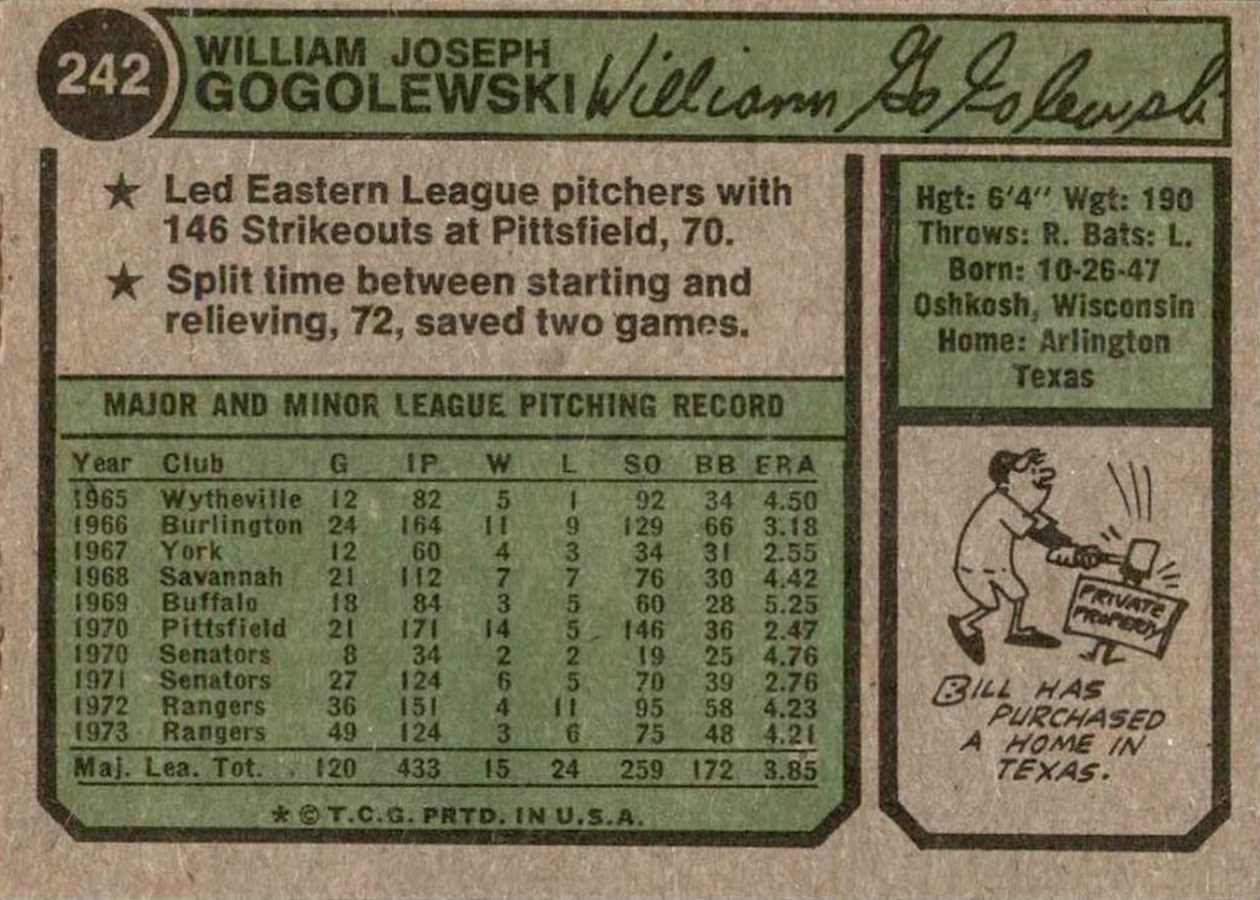1974 Topps #242 Bill Gogolewski card back