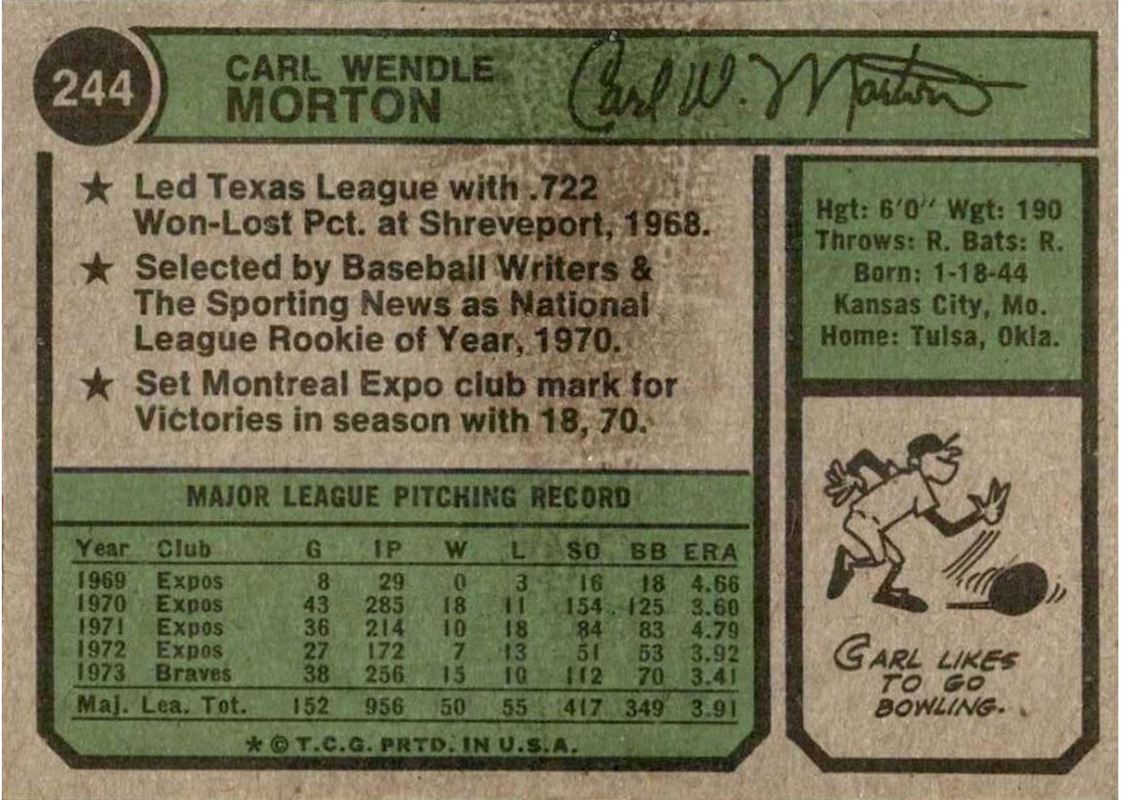 1974 Topps #244 Carl Morton card back