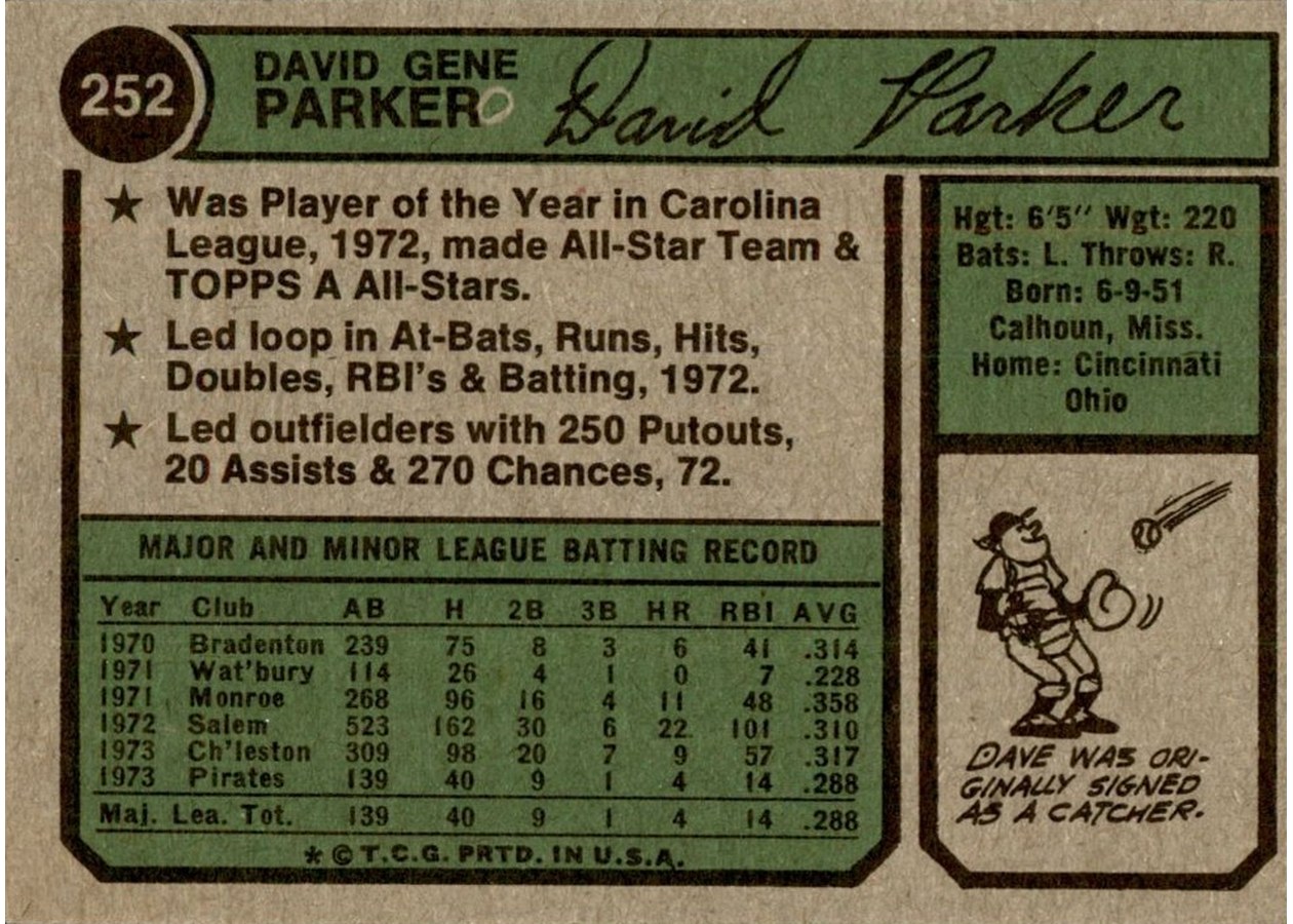1974 Topps #252 Dave Parker card back