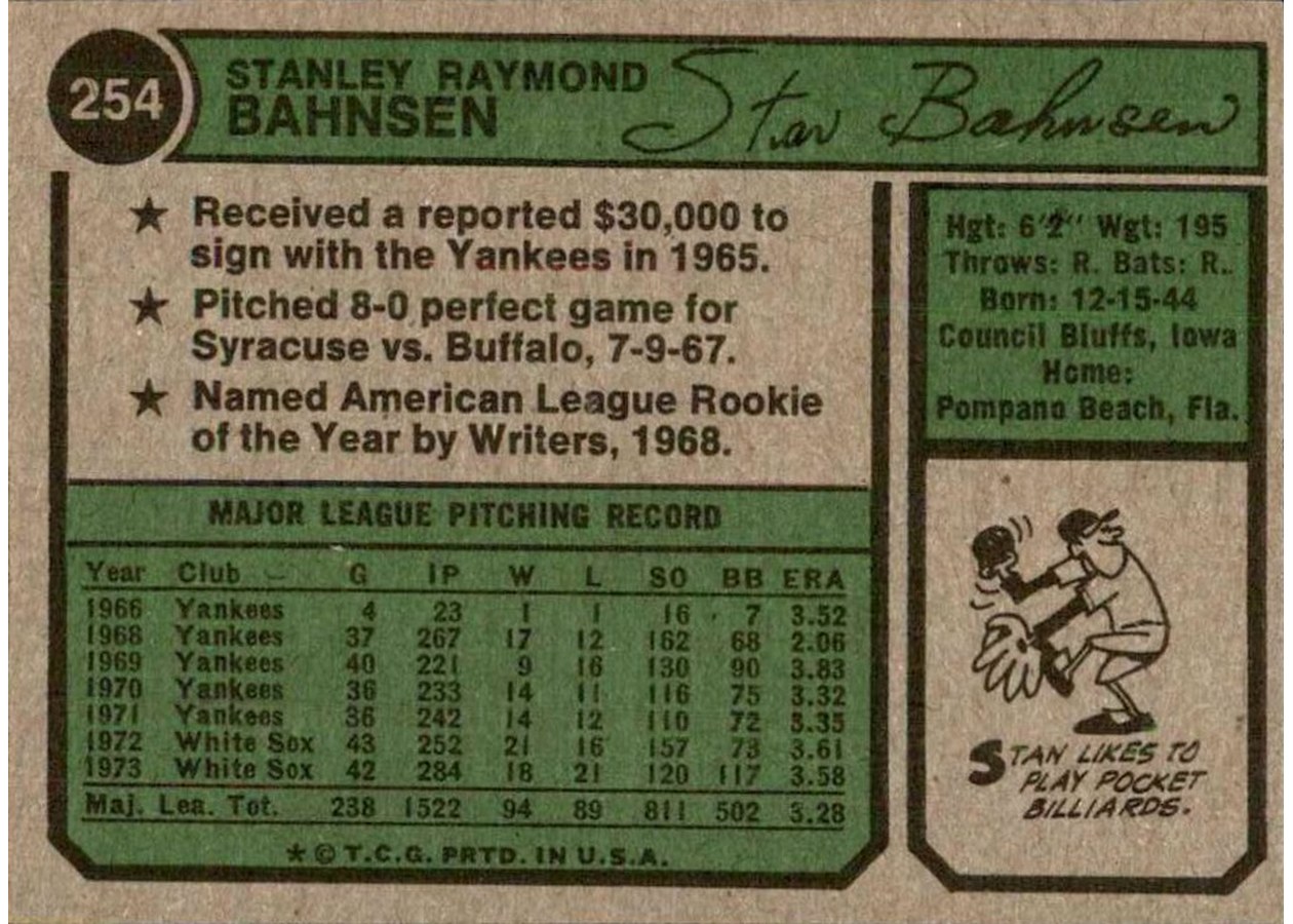 1974 Topps #254 Stan Bahnsen card back