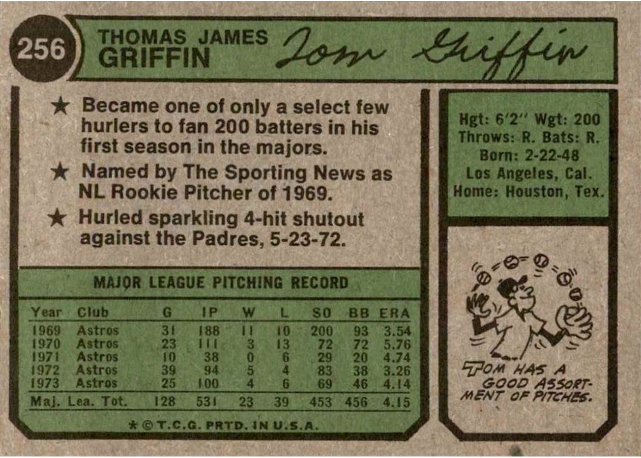 1974 Topps #256 Tom Griffin card back