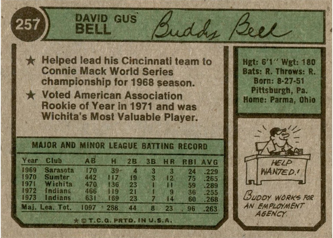 1974 Topps #257 Buddy Bell card back