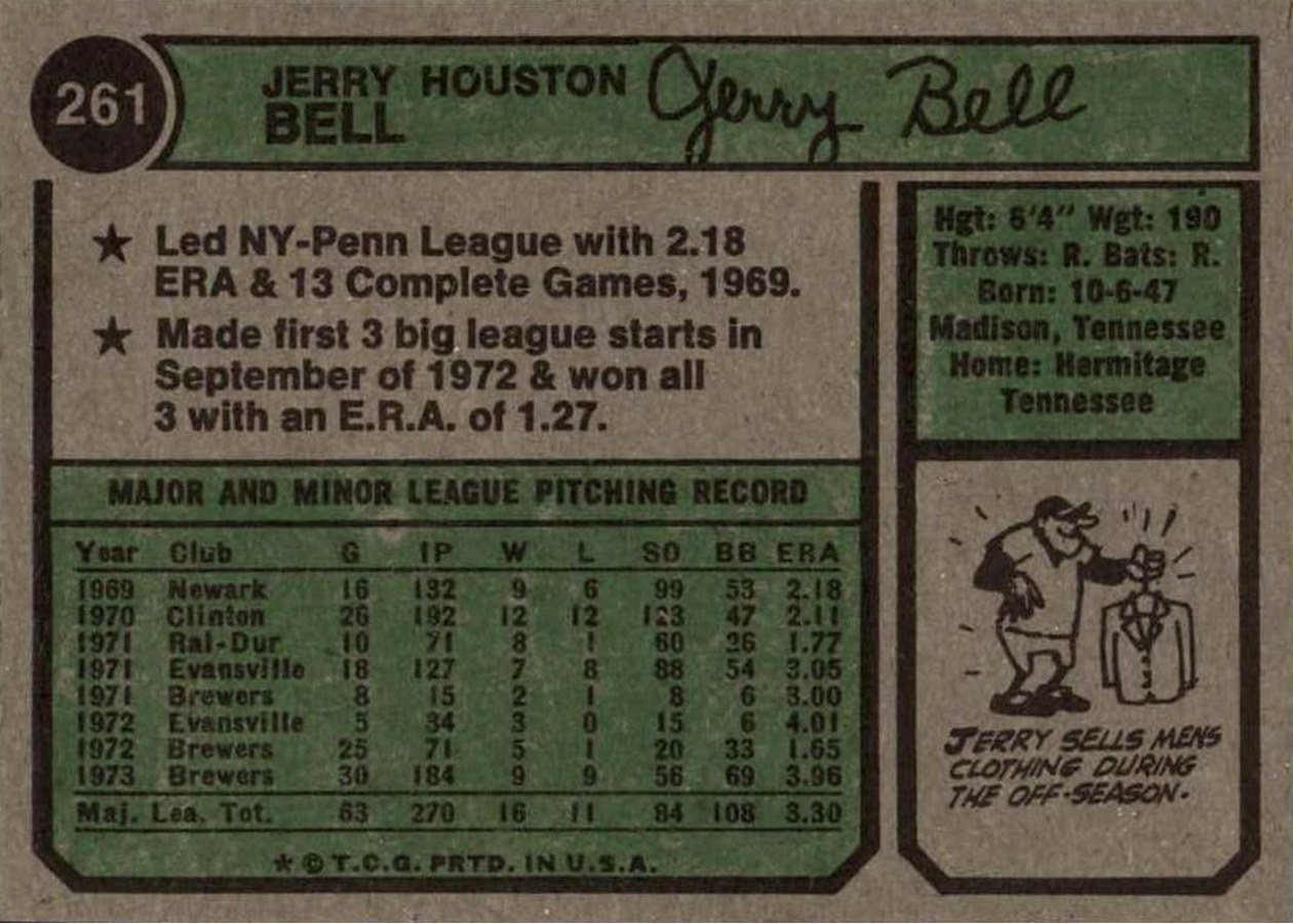 1974 Topps #261 Jerry Bell card back