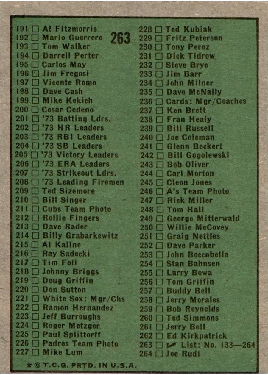 1974 Topps #263 Checklist: 133-264 card back