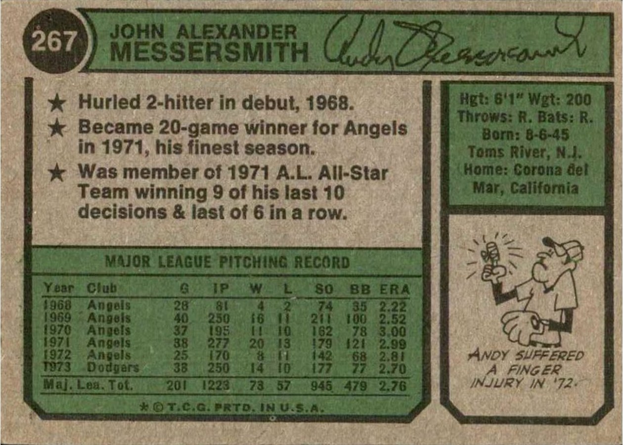 1974 Topps #267 Andy Messersmith card back