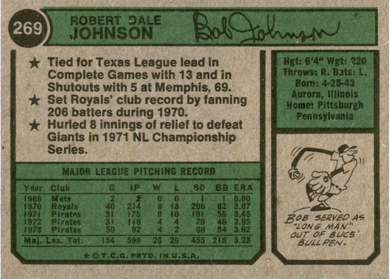 1974 Topps #269 Bob Johnson card back